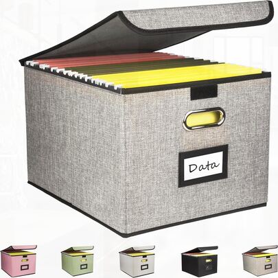 Collapsible Storage Box For Hanging Files With Lid, Linen Portable Box With Handle, Decorative Document Bin (Grey)