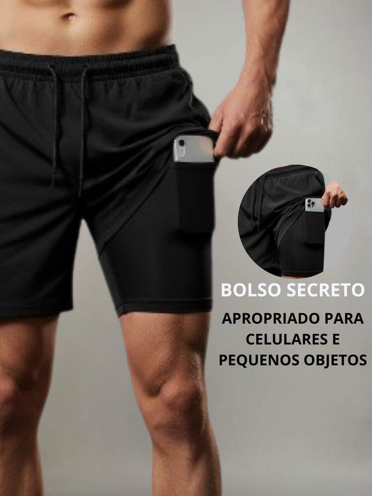 Shorts 2 em 1 Masculino Bermuda Dry Fit com Forro de Compressão e Bolso Interno Academia e Corrida - Preto - Visão 3