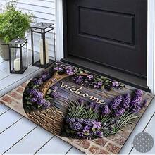 1PC Lavender Welcome Logo Outdoor Entry Mat - Non Slip Entrance Carpet, Crystal Velvet Suitable For Courtyard, Balcony, Living Room, Bathroom - Elegant Home Decor In Multiple Sizes