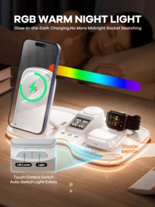 REMAX Upgraded Wireless Fast Charger, Desktop Accessories, Wireless Fast Charging For Multiple Device Women Watch/Man Watch/Phone/Earphone/Earbuds/, With Wireless Speaker, Adjustable Height Phone Holder, Adjustable RGB Ambient Light,Electronic Clock, Black/White, Office Desktop