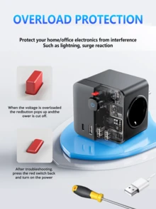 1 Piece 7-In-1 Multi-Function Power Strip, Equipped With Surge Protector, 3 EU Power Sockets, 3 USB-A Ports, 1 USB-C Port, Wall Adapter With Overload Protection And Independent Switch, Suitable For Home, Office, Travel, Bedroom, Gaming Room And Other Scenarios - EU F Type Plug(220-240V) - View 9