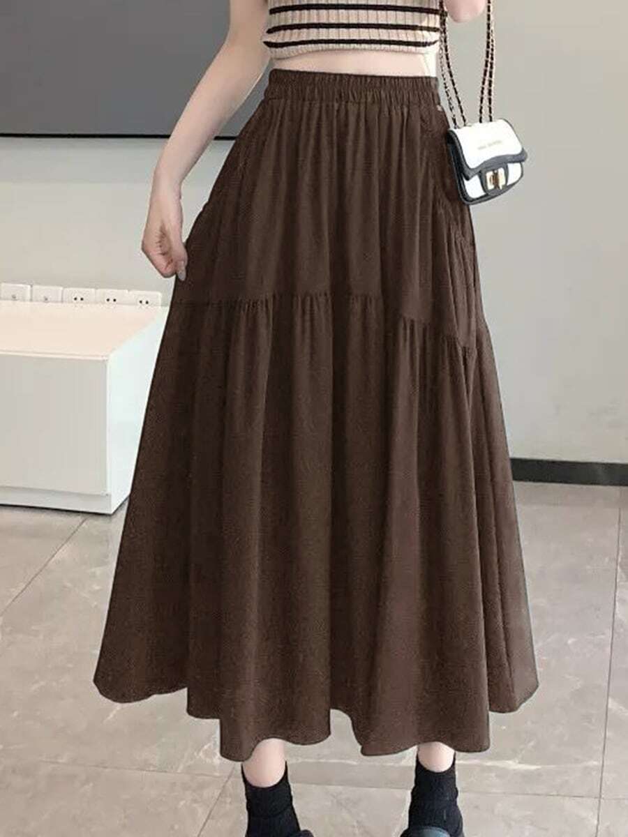 Bolsillo falda de medio cuerpo estallido negro nueva falda de cintura alta diseño sentido de cien paracaídas de longitud media de verano de gran tamaño - Marrón - Ver 1