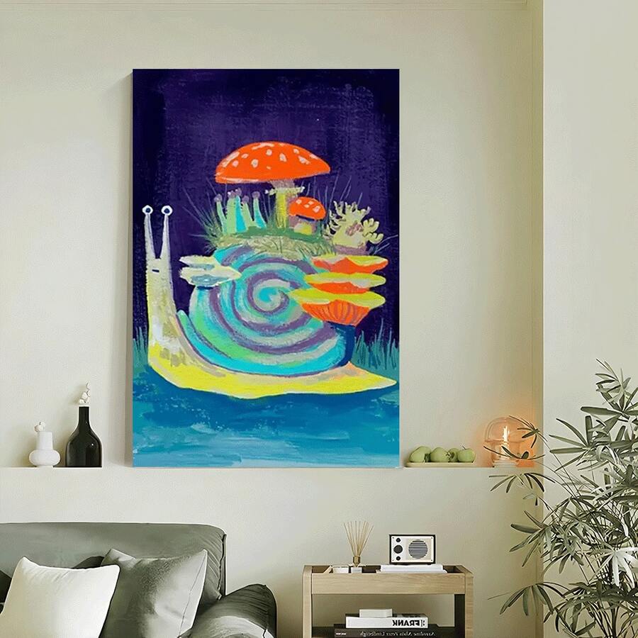 Framed 2D Canvas Modern Wall Art 1pc Canvas Art Print - Whimsical Snail & Mushroom Design With Vibrant Colors, Durable Polystyrene Frame, Perfect For Living Room, Office, Or Dining Room Wall Decor, Indoor Wall Art|Vibrant Wall Decor|Colorful Artwork, Mushroom Decor - Đóng khung (Framed) - Xem 1