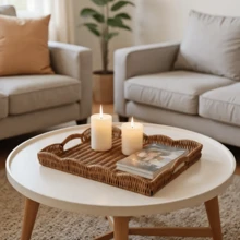 1 pièce Panier à fruits multifonctionnel en faux rotin de style moderne - Blanc et marron épuré, plateau de rangement de bureau rectangulaire pour le salon, parfait pour présenter des fruits, du pain et servir des aliments, panier à fruits pour la cuisine