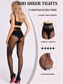 Women's Sheer T-Shirt Style Pants, Ultra-Thin Sexy Black Thigh High Socks, Disposable Thigh High Socks, 20D Minimalist Solid Black Thigh High Socks, Suitable For Pairing With Pantyhose. - T-crotch (black) - View 4