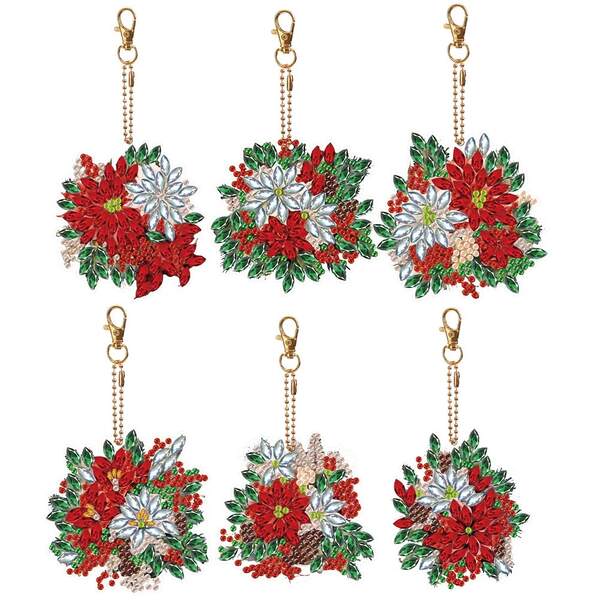 6 قطعة/مجموعة سلسلة مفاتيح مزينة بزهرة عيد الميلاد والراين ، طقم DIY 5D للمبتدئين ، سلسلة مفاتيح فاخرة وقلادة حجر كريم أكريليك للديكور ، فكرة هدية مثالية للأعياد ، طقم رسم الماس الدائري