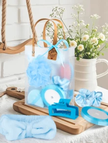 6 Sets Bridal Shower Prizes For Winners - Wedding Shower Favors Gift Set Includes Headband, Hair Brush, Compact Mirror, Bath Sponges, Powder Puff, Hair Tie Claw, Makeup Brushes With Gift Bag - Blue Or Pink - 藍色 - 查看 5