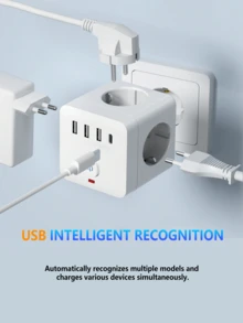 1 Piece 7-In-1 Multi-Function Power Strip, Equipped With Surge Protector, 3 EU Power Sockets, 3 USB-A Ports, 1 USB-C Port, Wall Adapter With Overload Protection And Independent Switch, Suitable For Home, Office, Travel, Bedroom, Gaming Room And Other Scenarios - EU F Type Plug(220-240V) - View 2