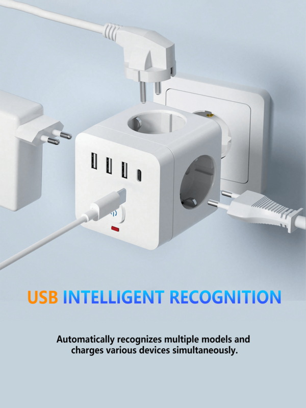 1 Piece 7-In-1 Multi-Function Power Strip, Equipped With Surge Protector, 3 EU Power Sockets, 3 USB-A Ports, 1 USB-C Port, Wall Adapter With Overload Protection And Independent Switch, Suitable For Home, Office, Travel, Bedroom, Gaming Room And Other Scenarios