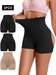 3-Pack Large Size Women's Solid Color Seamless High Waist Tummy Control Briefs, Soft, Comfortable And Breathable, Hollowed-Out Hips, Slim Fit, Hip-Lifting Boxer Briefs - Multicolor - View 4