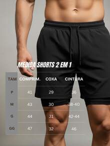 Shorts 2 em 1 Masculino Bermuda Dry Fit com Forro de Compressão e Bolso Interno Academia e Corrida - Preto - Visão 3