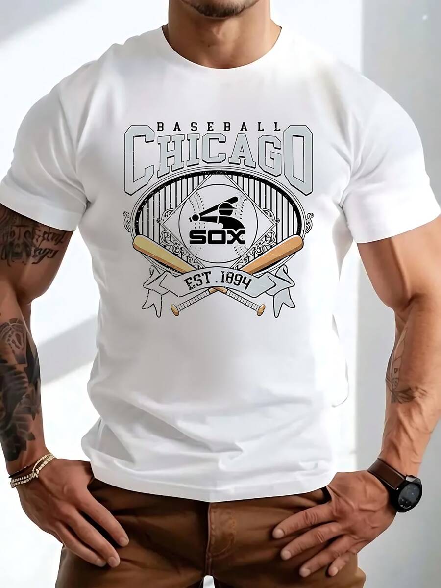 Men's Custom T-Shirt, Casual Round Neck, Printed, 100% Cotton, Machine Washable, Suitable For Outdoor, Halloween, Chicago White Sox Baseball Graphic T - Shirt - 白色 - 查看 1