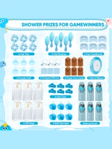 6 Sets Bridal Shower Prizes For Winners - Wedding Shower Favors Gift Set Includes Headband, Hair Brush, Compact Mirror, Bath Sponges, Powder Puff, Hair Tie Claw, Makeup Brushes With Gift Bag - Blue Or Pink - 藍色 - 查看 2