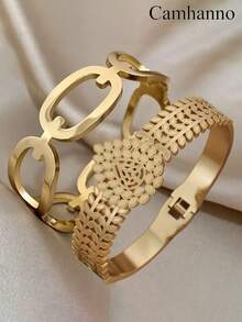 2 件精致时尚的不锈钢镂空手链组合，非常适合约会、派对、聚会和日常通勤，是展示您魅力的理想礼物 - 金色 - 查看 4