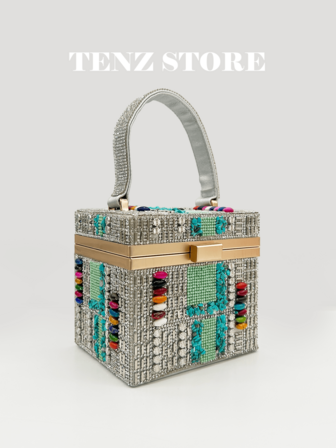 女士手工奢华几何晚宴手拿包，复古风格串珠亮片派对包，配金色链条肩带，闪亮宴会包，适合婚礼、新娘、舞会、节日及送礼（随机不对称配色）