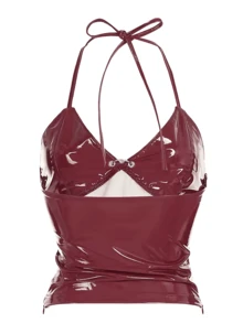 Top ajustado Latex Halter sin espalda sin mangas rojo ,Ropa de calle para mujer - Rojo - Ver 6