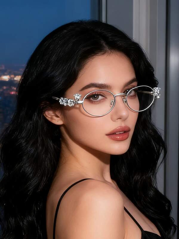 1pc Rhinestone Decor Oval Glasses, Vintage Elegant Eyewear For Women, Daily Accessories With Transparent/Tinted Lenses & Alloy Frame For Summer Beach Vacation,Outdoor,Travel Preppy Style For Back To School