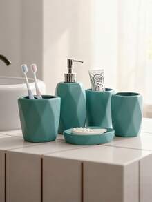 5pcs Morandi Ceramic Bathroom Set, Showroom Bathroom Decor, Liquid Soap Dispenser, Bathroom Tray, Showroom Decor, Toothbrush Holder, Rinse Cup, Soap Dish Bathroom Vanity Set, Bathroom Accessories Set, Toothpaste Holder, Lotion Bottle, Soap Box, Rinse Cup, Green Color Bathroom Vanity Set [New Batch With Reinforced Packaging]
