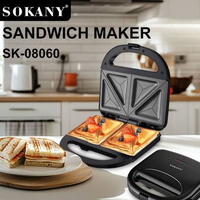  SOKANY 08060 Sandwich Maker, Household Breakfast Machine, Integrated Bread Toaster, Non-Stick Coating, Stainless Steel Electric Sandwich Maker, Suitable For French Toast, Cheese Toast, Omelette, Compact And Easy To Store, Multi-Functional Home Heating, Grilling, Baking, Omelette