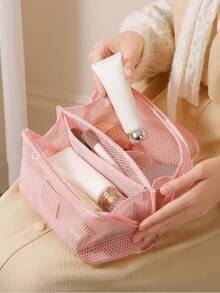 1pc Nylon Mesh Cosmetic Bag, Travel Cosmetic Storage Bag, Breathable Toiletries Storage Bag, Macaron Color Storage Bag, Stationery Storage Bag, Large-Capacity Travel Cosmetic Bag, Convenient Handbag, Suitable For Storing Toiletries, Electronic Data Cables, Makeup Brushes And Tools, Multi-Functional Storage Bag, Home Storage Necessities, Vacation Travel Necessities, Dormitory Necessities.