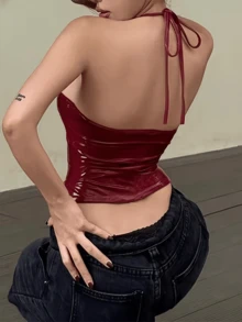 Top ajustado Latex Halter sin espalda sin mangas rojo ,Ropa de calle para mujer - Rojo - Ver 4