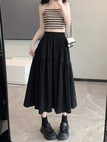 Bolsillo falda de medio cuerpo estallido negro nueva falda de cintura alta diseño sentido de cien paracaídas de longitud media de verano de gran tamaño - Negro - Ver 2