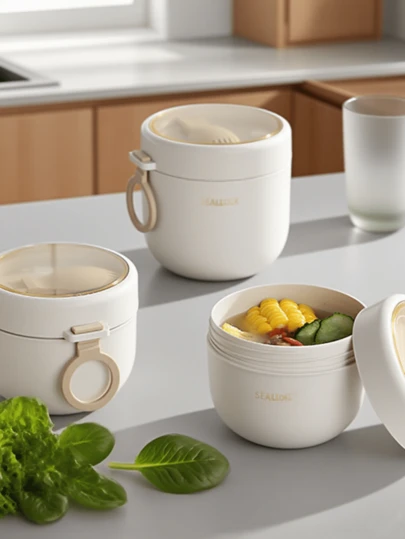 1pc Stainless Steel & PP Material Soup Mug, Portable Microwave- Round/Rectangular Lunch Box, Minimalist Style (Utensils Included), Leak-Proof, Easy To Clean, Can Be Used As A Bento Box To Bring To School Or Office For Food Storage, Ergonomic Cylindrical Design With Curved Base, Can Be Used As A Soup Bowl, Breakfast Cup, Oatmeal Cup, Juice Cup, Suitable For Microwave And Refrigerator, Suitable For Work, School, Graduation Season, Picnic, Camping, Vacation, Back To School, Christmas Gift