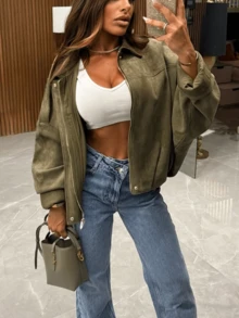 Dirty Martini Green Suede Bomber Jackets Women Long Sleeve Zipper Oversized Jackets Fashion 2026 Spring Casual Streetwear Outwears Valentine's Day