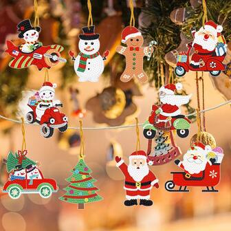 10 st. juldekorationer, hängande tillbehör, diamantkonstnyckelringar, 5D DIY-pysselkit för nybörjare, akrylstenhängen för jul och daglig dekoration, perfekt presentidé, runt diamantmålningsset