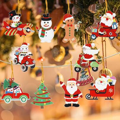 10 قطعة من إكسسوارات الزينة المعلقة للكريسماس، سلاسل مفاتيح فن الماس 5D، طقم حرف DIY للمبتدئين، قلادات أكريليك مرصعة بالأحجار الكريمة للكريسماس والديكور اليومي، فكرة هدية مثالية، طقم رسم الماس دائري