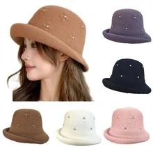 1 件纯色出售毡软呢帽爵士帽冬季新款奢华品牌渔夫帽女士户外保暖天鹅绒格子优雅时尚羊绒羊毛盆栽毛绒渔夫帽巴拿马帽批发秋季 - A - 查看 13