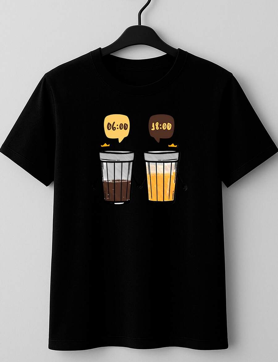 Coffee And Beer T-Shirt Day And Night Jokes Laughter Drinks Meme Style 100% Cotton Unisex Plus Size Casual Shirt Men Women Streat Streatwear Immediate Shipping - 黑色 - 查看 1
