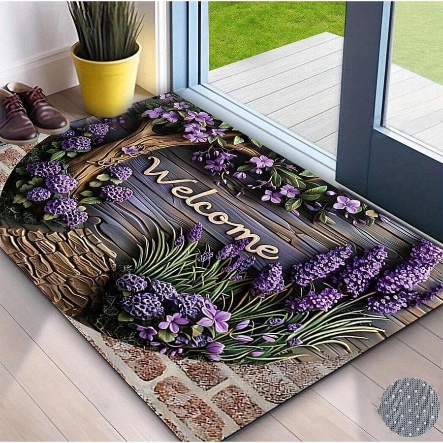 1PC Lavender Welcome Logo Outdoor Entry Mat - Non Slip Entrance Carpet, Crystal Velvet Suitable For Courtyard, Balcony, Living Room, Bathroom - Elegant Home Decor In Multiple Sizes