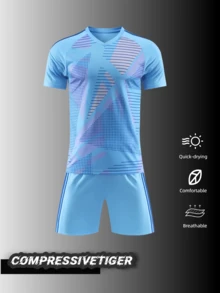 2pcs Custom Light Blue & Purple Geometric Pattern Football Jersey Set - With A Soothing Light Blue Base Color, Adorned With Elegant Purple Geometric Patterns. Made Of Quick-Dry Breathable Fabric To Ensure Comfort During Matches. An Ideal Choice For Football Teams, Amateur Leagues And Competitive Games, As Well As Perfect Gifts For Halloween, Thanksgiving, Christmas And New Year. - Blue - View 2