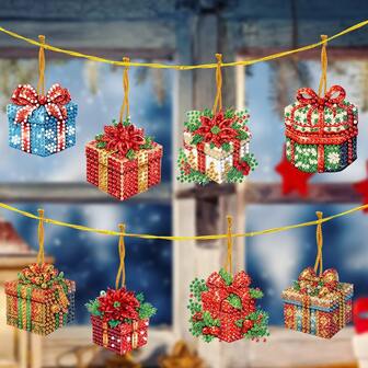 8 st/set julklappsaskdekoration hängande tillbehör diamantkonst nyckelring, 5D DIY-hantverkskit för nybörjare, akryl ädelstenshänge för jul och daglig dekoration, perfekt presentidé, runt diamantmålningskit