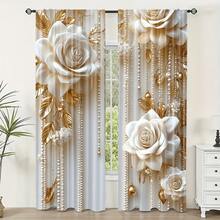 Cortinas elegantes com rosas douradas e brancas (2 peças) - Tecido de poliéster luxuoso, com bolso para varão, laváveis à máquina, adequadas para sala de estar, quarto, cozinha, escritório e sala de estudos - Design artístico clássico com estampa floral e de pérolas. - Multicolorido - Ver 12