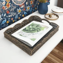 1 pièce Panier à fruits multifonctionnel en faux rotin de style moderne - Blanc et marron épuré, plateau de rangement de bureau rectangulaire pour le salon, parfait pour présenter des fruits, du pain et servir des aliments, panier à fruits pour la cuisine