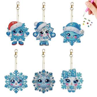 6 st/set julsnöflingedekor diamantkonstnyckelring, 5D DIY-pysselkit för nybörjare, utsökt nyckelring och akrylstenhänge för dekoration, perfekt presentidé för högtider, runt diamantmålningskit