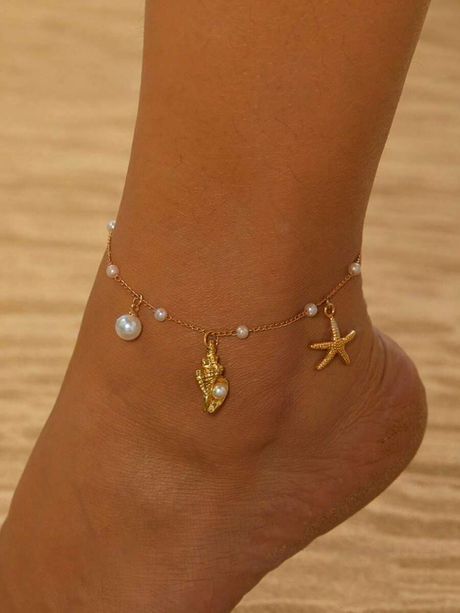 1pc Seashell, Faux Pearl & Starfish Pendant Anklet, Suitable For Daily Wear