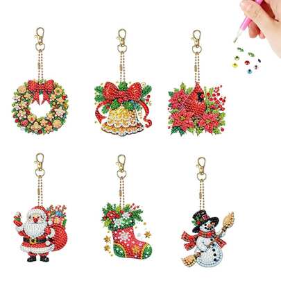 6 قطع/مجموعة سلسلة مفاتيح فنية ماسية احتفالية جميلة للكريسماس، طقم DIY 5D للمبتدئين، قلادة أكريليك مرصعة بالأحجار الكريمة للحقائب والإكسسوارات، فكرة هدية مثالية، طقم رسم الماس الدائري هدية عيد الميلاد