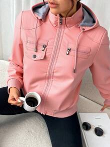 Chaqueta chamarra bomber capucha dama mujer cremallera cordón hombro caído manga larga largo regular elegante casual abrigador calientito invierno - Rosa - Ver 3