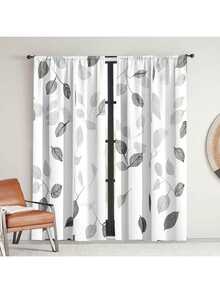 2pcs Elegant Black & White Leaf Pattern Sheer Curtains - Semi-Transparent Polyester Fabric, Rod Pocket Design, Suitable For Living Room, Bedroom, Kitchen, Cafe - Enhances Natural Lighting, Adds Style (Curtain Rods Not Included) - Multicolor - View 14