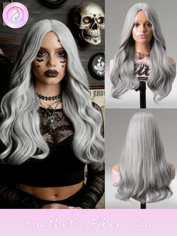 Perruque grise élégante de 20 pouces avec ondulations moyennes, perruque de déguisement pour les fêtes d'Halloween, polyvalente pour toutes les ethnies, accessoire de costume, perruque polyvalente, accessoires de perruque, cadeaux d'Halloween pour les femmes, charme sexy et mignon, perruque de fête d'Halloween