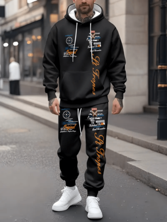 Casual Versatile Fashion Letter Print Loose Men's Sweatshirt + Pants Set