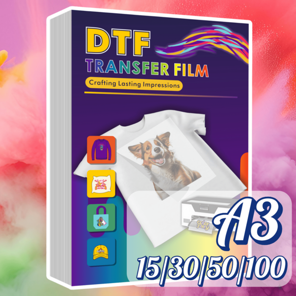 100 folhas de filme de transferência A3 DTF (11,7" x 16,5"), papel de transferência térmica PET fosco frente e verso para camisetas faça você mesmo, todos os tecidos, cores vibrantes, remoção a quente/frio
