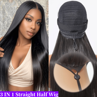 ZHENDEFA Glueless Wigs Human Hair Upgrade 3 IN 1 Straight Half Wig Human Hair With Drawstring Ponytail For Women Headband Wigs Natural Color