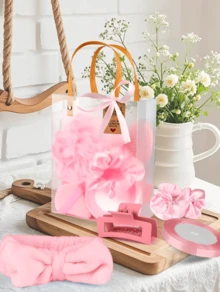 6 Sets Bridal Shower Prizes For Winners - Wedding Shower Favors Gift Set Includes Headband, Hair Brush, Compact Mirror, Bath Sponges, Powder Puff, Hair Tie Claw, Makeup Brushes With Gift Bag - Blue Or Pink - 粉色 - 查看 6