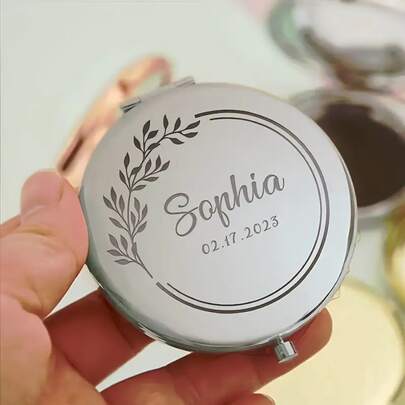 1pc Customized Name Makeup Mirror, Personalized Engraved Folding Compact Mirror, Portable Double-Sided High Definition Mirror, Stainless Steel Small Compact Mirror, Valentine's Day Gift, Spring, Bride, Bridesmaid, Wedding Gift, Customized Floral Engraved Makeup Mirror, Suitable For Best Friend, Girlfriend, Mom, Mother's Day, Birthday, Graduation, Wedding, Anniversary, Practical Gift