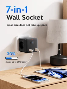 1 Piece 7-In-1 Multi-Function Power Strip, Equipped With Surge Protector, 3 EU Power Sockets, 3 USB-A Ports, 1 USB-C Port, Wall Adapter With Overload Protection And Independent Switch, Suitable For Home, Office, Travel, Bedroom, Gaming Room And Other Scenarios - EU F Type Plug(220-240V) - View 5