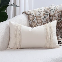 Capa de almofada de lona simples com acabamento em borlas, casual para uso diário - Bege - Ver 10